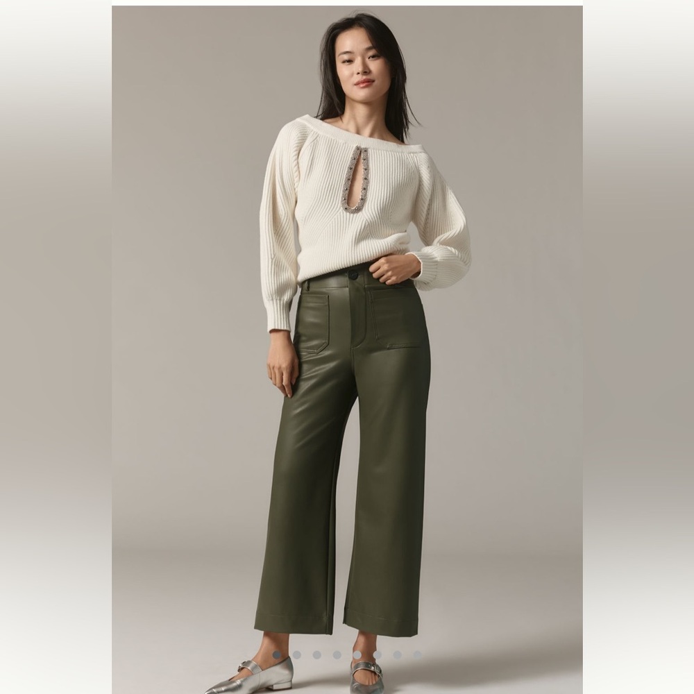 Maeve Olive Green Faux Leather Colette Wide-Leg Pants